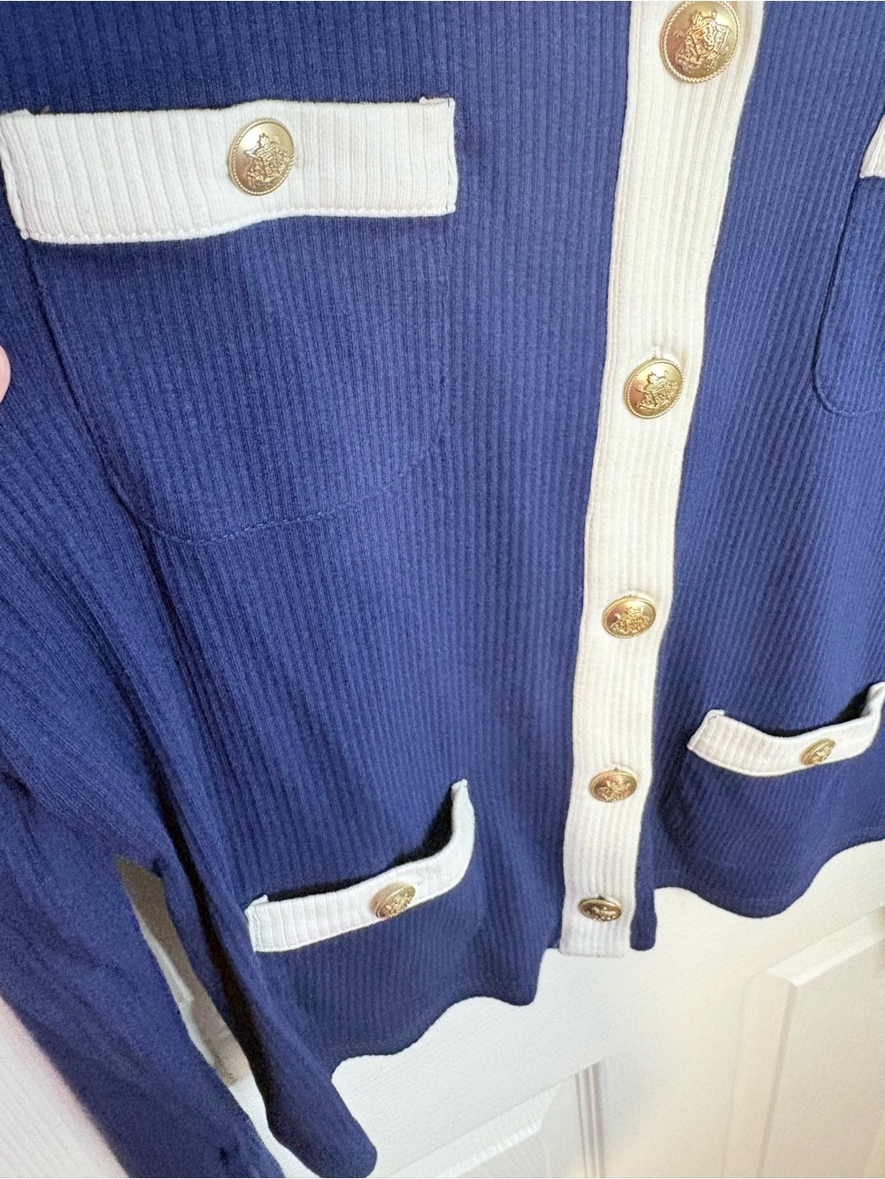 J.Crew Vintage Rib Lady Jacket Cardigan L Dark Evening Blue Gold Buttons - Picture 4 of 10